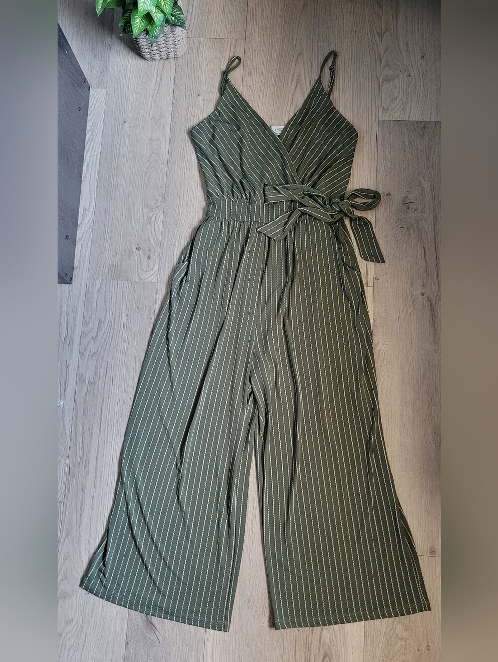 Kaileigh Rica Knit Crop Jumpsuit Olive Stripe V-Neck, Wide-Leg Sleeveless, Small - Picture 2 of 16